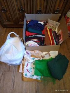 Box of Vintage Fabric with Bag of Interfacing