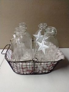 Vintage Milk Bottles in Wire Basket