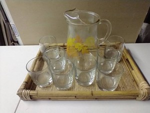 Vintage Bamboo Tray, Vintage Juice Pitcher, & (8) Glasses