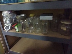 Shelf of Canning Jars & Items, Rings, Seals, Funnel, Etc.