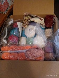 Box of Yarn, Kniiting Needles, Patterns, & Projects