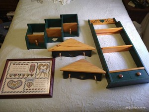 Vintage Wooden Heart Shelves & Framed Cross-Stich
