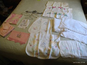 Vintage Linens, Embroidery, Decorative Hangers, & Pillowcases