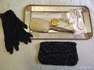 Mirror Tray with Vintage Comb, Brush, Compact, Purse, Gloves, Etc.