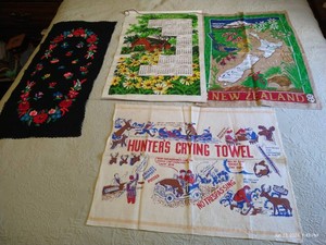 Vintage Wall Hanging, Tea Towels, Embroidered Dresser Scarf, Etc.