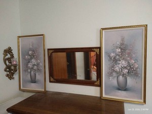 Mid-Century Gold-Accent Mirror, Paintings, & Sconce