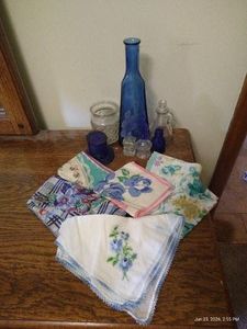 Blue Glass Bottles with Vintage Handkerchiefs