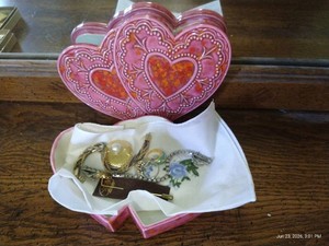 Vintage Heart-Shaped Jewelry Box & Contents