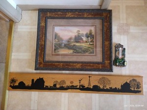 Framed Thomas Kinkade Print Autumn Chores, Thermometer, and 40 Wooden Plaque Wall Art