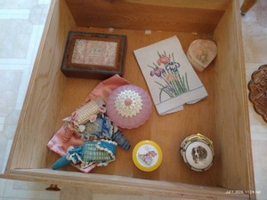 Vintage Powder Container, Crocheted Soap Holders, Trinket Boxes, Etc.