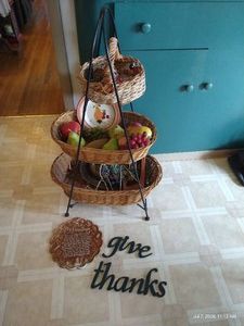 Kitchen Basket Stand with Fruit, Plates, Plaques, Etc.