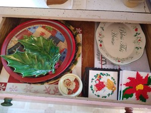 Contents of Drawer - Christmas Platters, Coasters, Trivet, Etc.