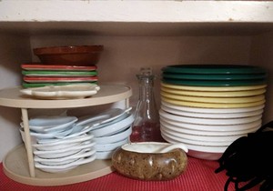 Contents of Middle Shelf - 15 Bowls, Oil Bottle, Potato Dish, Etc.