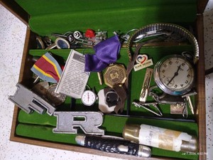 Box of Old Treasures - Watch, Knife, Tie Clips, Cuff Links, Etc.