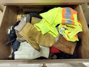 Drawer of Work Gloves (Many Leather), & Brand New Reflective Safety Vest