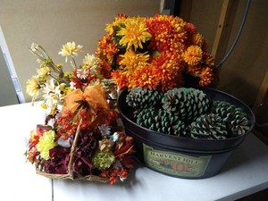 Decor Lot - Silk Flowers & Metal Tub with Large Pinecones