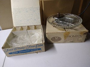 Vintage Box Set of Luncheon Plates and Cups & Chip & Dip Set with Lazy Susan
