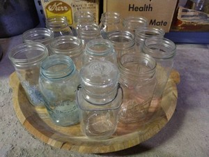 Wooden Tray of Old Canning Jars - Many Widemouth