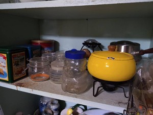 Contents of Shelf - Vintage Tins, Jars, Fondue Sets, Etc.