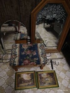 Old-Fashioned Decor Lot - Antique Mirror, Framed Prints, Small Footstool, Etc.