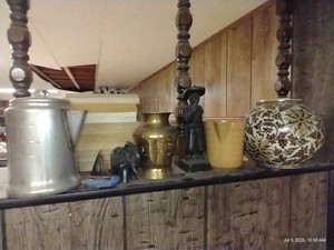 Vintage Decor Lot - Flower Pot, Pitcher, Sculpture, Brass Vase, Stone Elephant, Sailboat (Brass), Coffee Pot