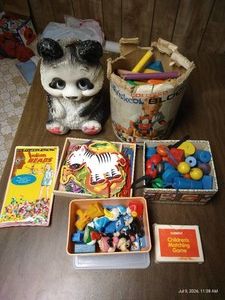 Vintage Toys - Panda Coin Bank, Lacing Cards, Mickey Dominos, Wooden Beads & Blocks, Disney Finger Puppets