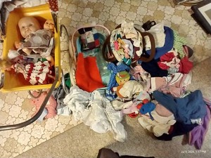 Vintage Doll Lot - Metal & Plastic Doll Buggy, Doll Clothes, Etc.