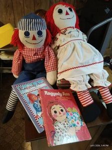 Large, Homemade Raggedy Ann & Andy Dolls & Books