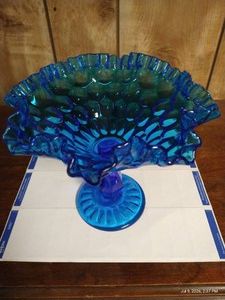 Fenton Colonial Blue Ruffled Glass Pedestal Dish