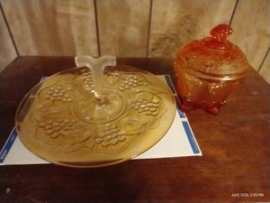 Vintage 1960s Jeannette Glass Amberina Marigold Candy Dish & Carnival Glass Serving Tray
