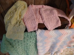 (3) Vintage Baby Afghans & Childs Sweater