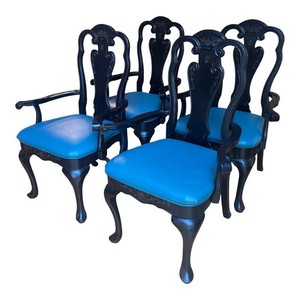 K - Vintage Queen Anne Style Black Lacquer Dining Chairs (Set of 4)