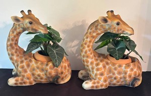 O - Giraffe Planters With Faux Greenery (Lot of 2)