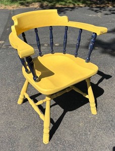 G - Vintage Yellow & Navy Blue Wooden Armchair