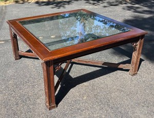 G - Vintage Chinese Chippendale Glass Top Coffee Table