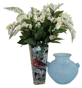 LL-BR2 - Murano Blue Vase, Painted Bird Vase & 4 Faux Lily Sprigs Mixed Lot