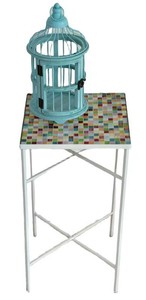 LL-BR2 - White Metal Plant Stand With Turquoise Bird House