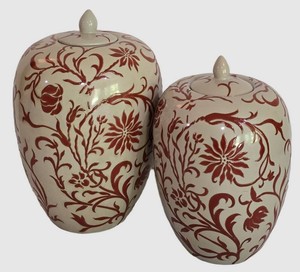LL-FR - Oriental Accent Hand-Painted Lidded Ginger Jars Set of 2