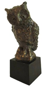 LL-FR - Vintage Mid-Century Bronze Owl Sculpture on Wooden Base
