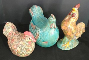 LL-FR - Enesco Floral Chicken & 2 Other Decorative Chickens Mixed Lot