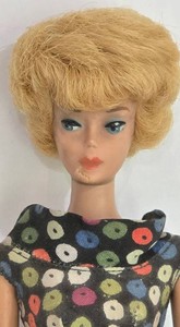 LL-BR1 - Vintage 1960s Blonde Bubble Cut Barbie Doll in #917 Apple Print Sheath Dress