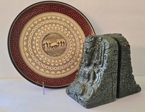 K - Ethnic Stone Bookends & Wooden Platter Mixed Lot