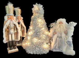 LL-ST - Christmas Decor Lighted Tinsel Tree Nutcracker Pair & Santa Topper (Lot of 3)