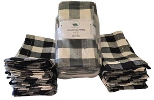 K - Dinner Napkins - Life by Cotton Gingham Check Plaid Black White (Lot of 24)