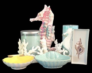 K - Coastal Decor Mixed Lot Coral Candleholders, Clay Seahorse & Shell Dishes