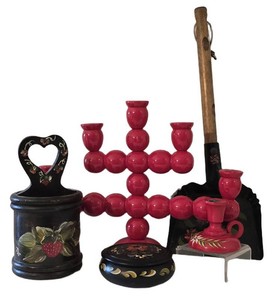 K - Vintage Scandanavian Items  Swedish Red Lacquered Wood Candelabra & More