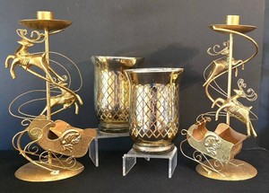 LR - Candle Holders - Gold Painted Reindeer Pair & Glass Votives Mixed Lot