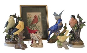 LR - Bird Figurines & Framed Cardinal Woven Picture Lefton Mixed Lot