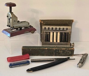 LR - Vintage Office Tools Mixed Lot Babe Stapler, Adding Machine, La Jest Straight Edge, Knife