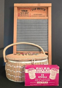 LR - Washboard, Sewing Basket & Sewing Threads Mixed Lot